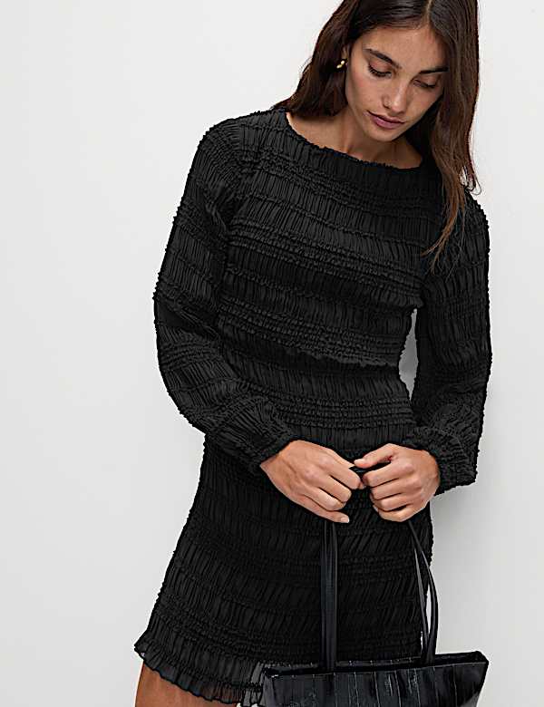 Textured Shirred Mini Relaxed Smock Dress - ES