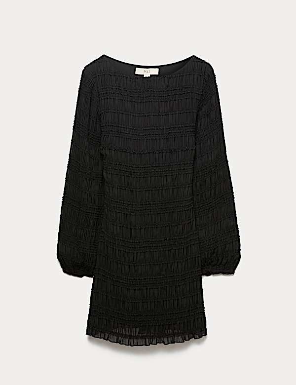 Textured Shirred Mini Relaxed Smock Dress - ES