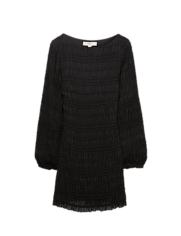 Textured Shirred Mini Relaxed Smock Dress