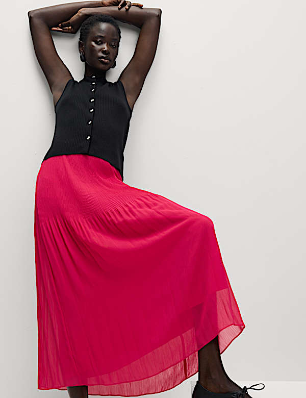 High Waisted Pleated Midaxi A-Line Skirt - RO