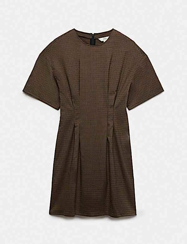 Checked Crew Neck Mini Waisted Dress