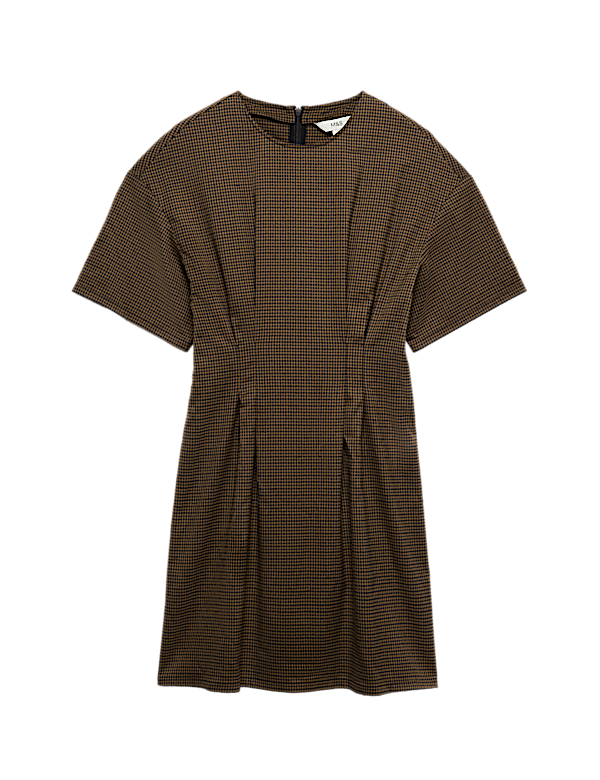 Checked Crew Neck Mini Waisted Dress