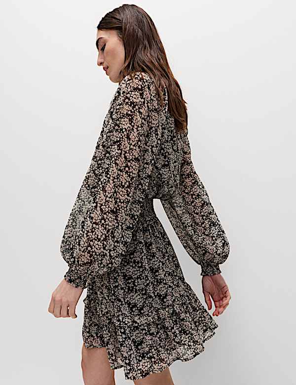 Chiffon Floral Tie Neck Mini Waisted Dress - IL