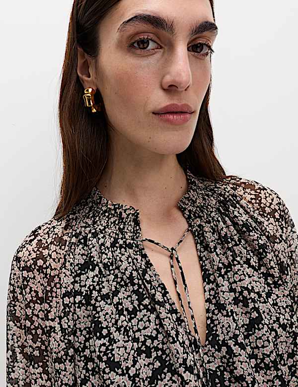 Chiffon Floral Tie Neck Mini Waisted Dress