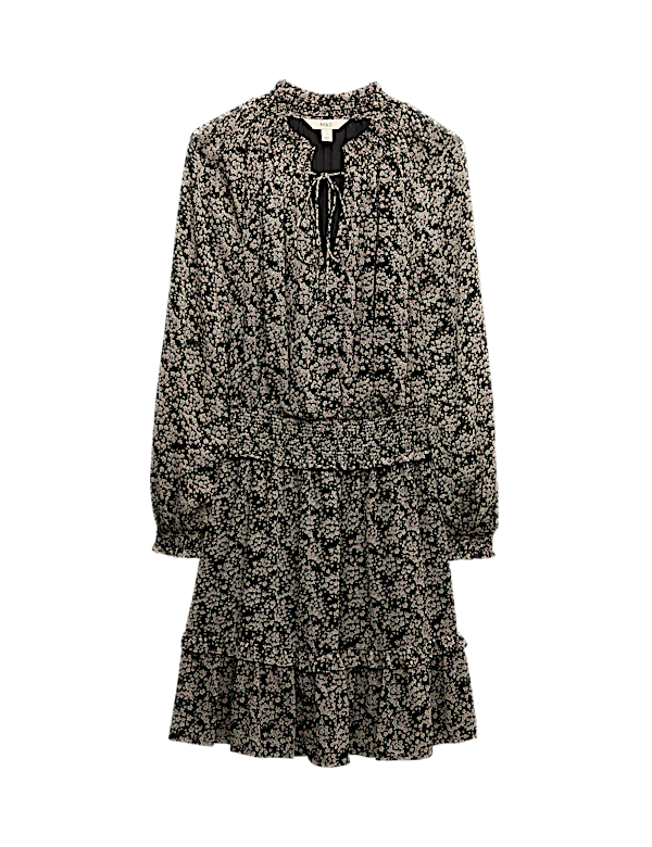 Chiffon Floral Tie Neck Mini Waisted Dress