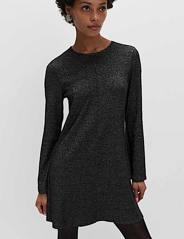 Jersey Ribbed Sparkly Mini Skater Dress - KG