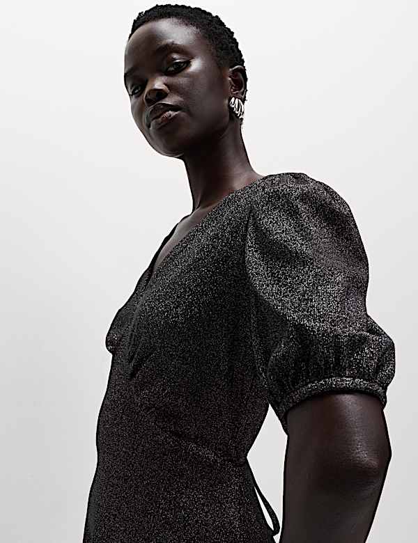 Sparkly V-Neck Puff Sleeve Mini Tea Dress - VN