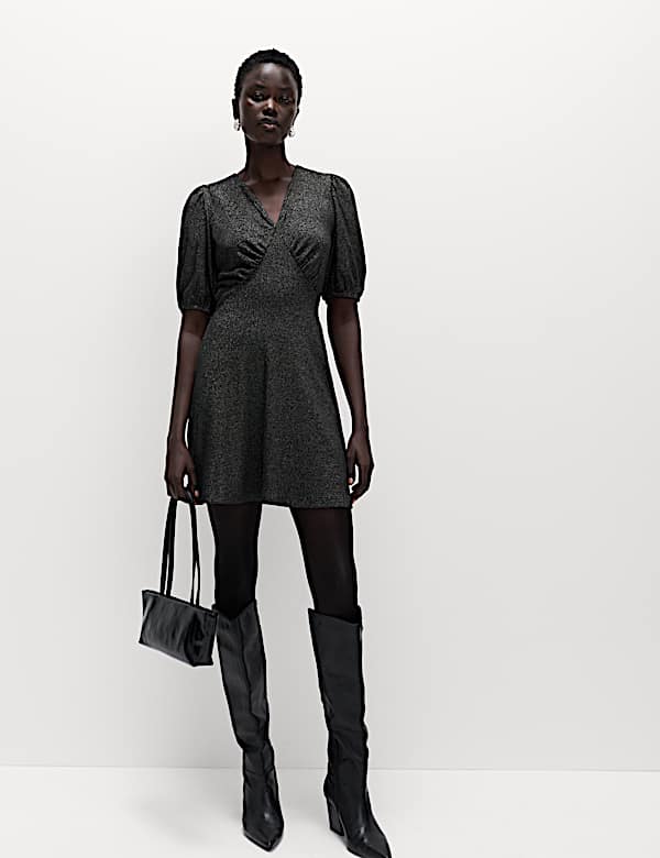 Sparkly V-Neck Puff Sleeve Mini Tea Dress - VN