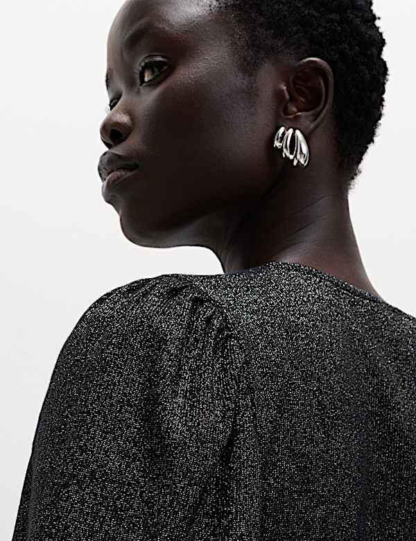 Sparkly V-Neck Puff Sleeve Mini Tea Dress - VN