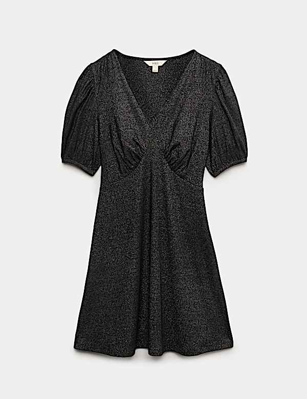 Sparkly V-Neck Puff Sleeve Mini Tea Dress - VN