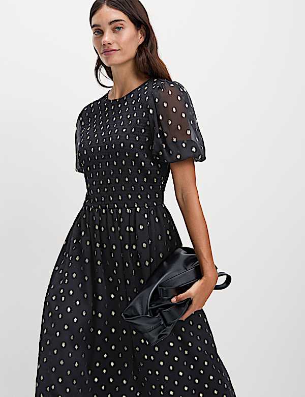 Metallic Spot Print Midi Waisted Dress - IL