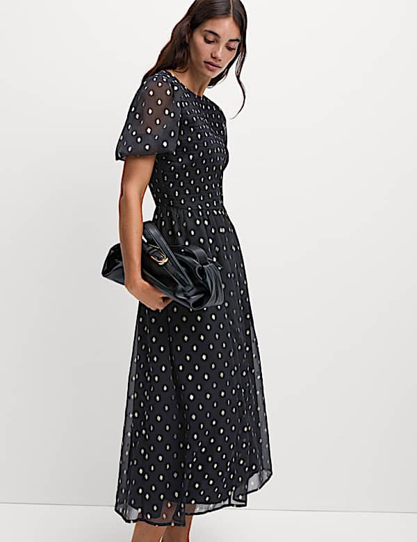 Metallic Spot Print Midi Waisted Dress - IL
