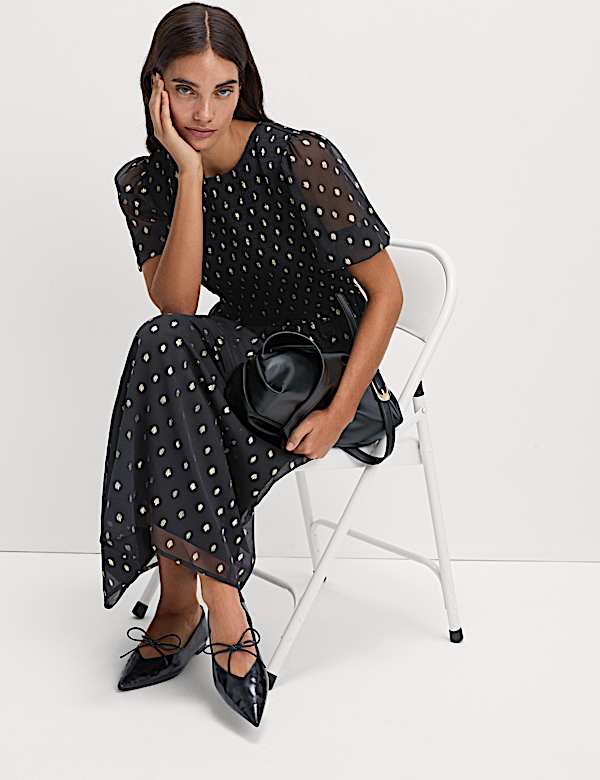 Metallic Spot Print Midi Waisted Dress - IL