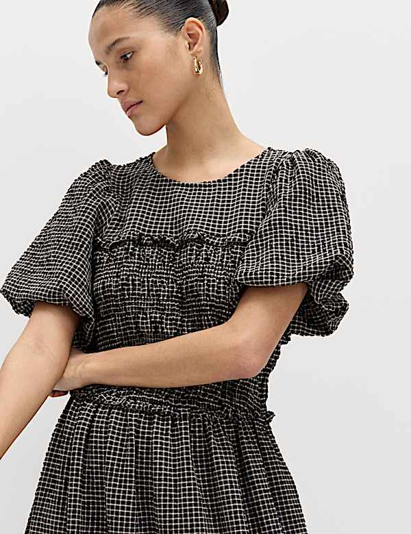 Gingham Puff Sleeve Midi Waisted Dress