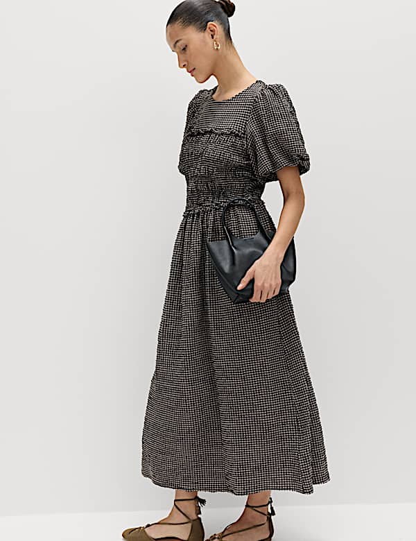 Gingham Puff Sleeve Midi Waisted Dress