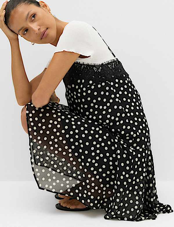 Polka Dot Lace Detail Mini Slip Dress - KG