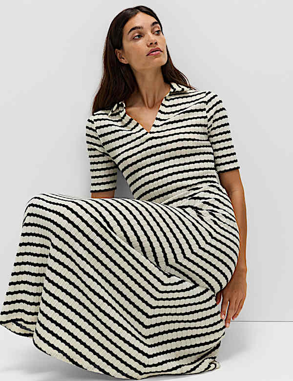 Jersey Striped V-Neck Midi Waisted Dress - IL