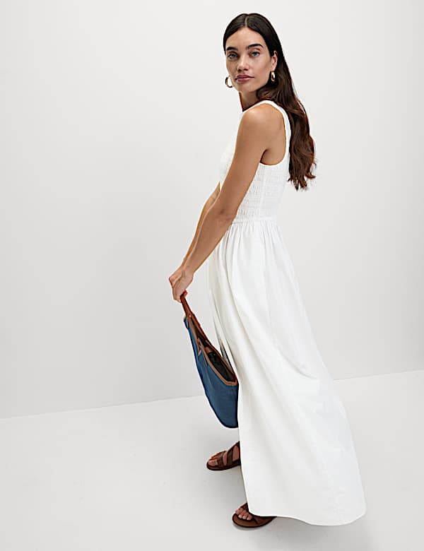 Robe longue 100 % coton à taille ajustée et détail froncé - CA