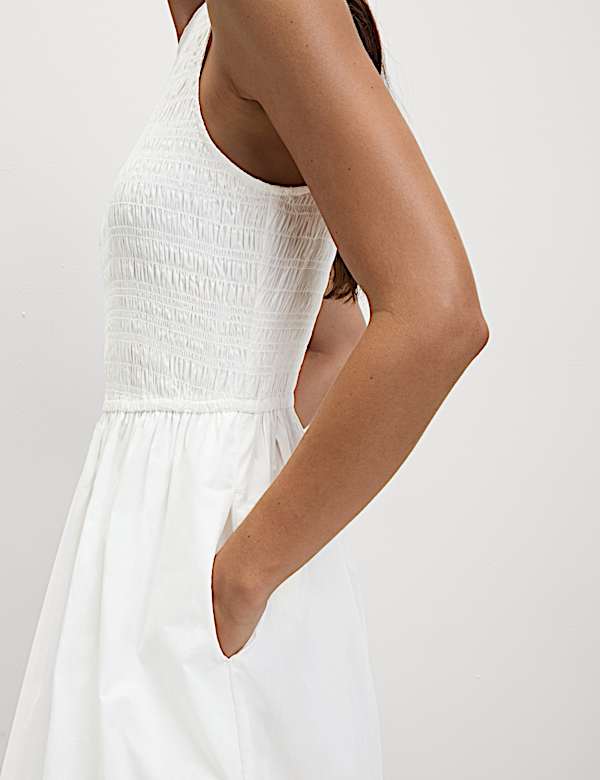 Robe longue 100 % coton à taille ajustée et détail froncé - CA