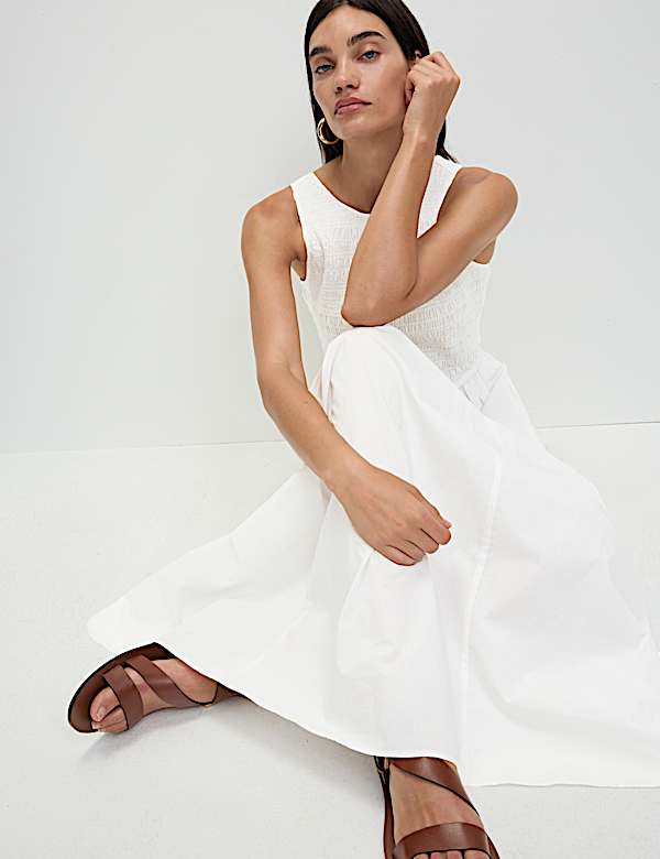 Robe longue 100 % coton à taille ajustée et détail froncé - CA