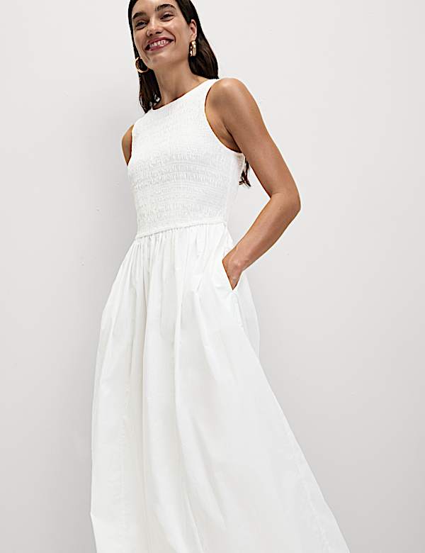 Robe longue 100 % coton à taille ajustée et détail froncé - CA