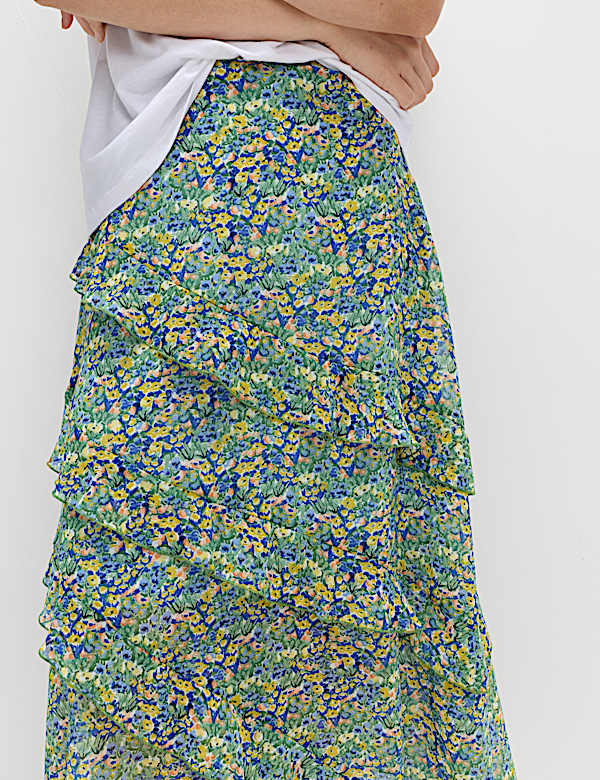 Floral Ruffle Midi Tiered Skirt - SI