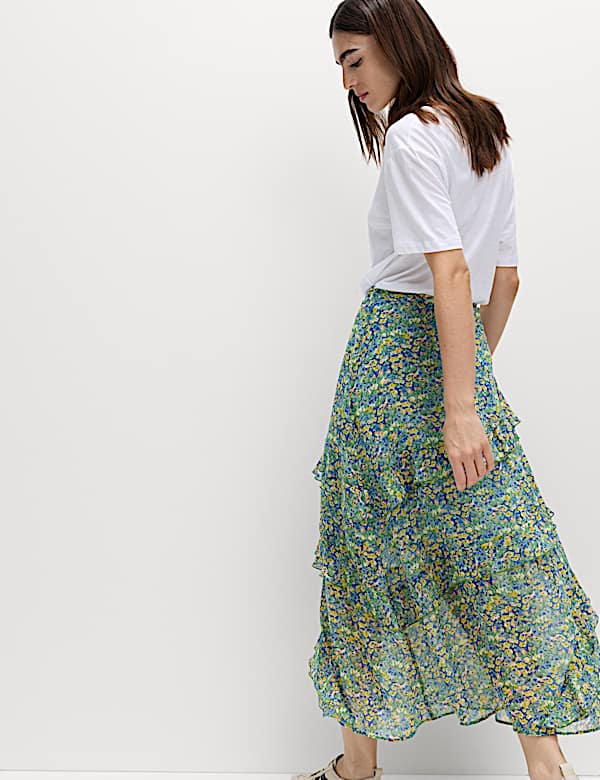 Floral Ruffle Midi Tiered Skirt - SI