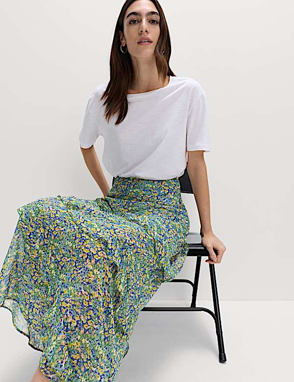 Floral Ruffle Midi Tiered Skirt - SI