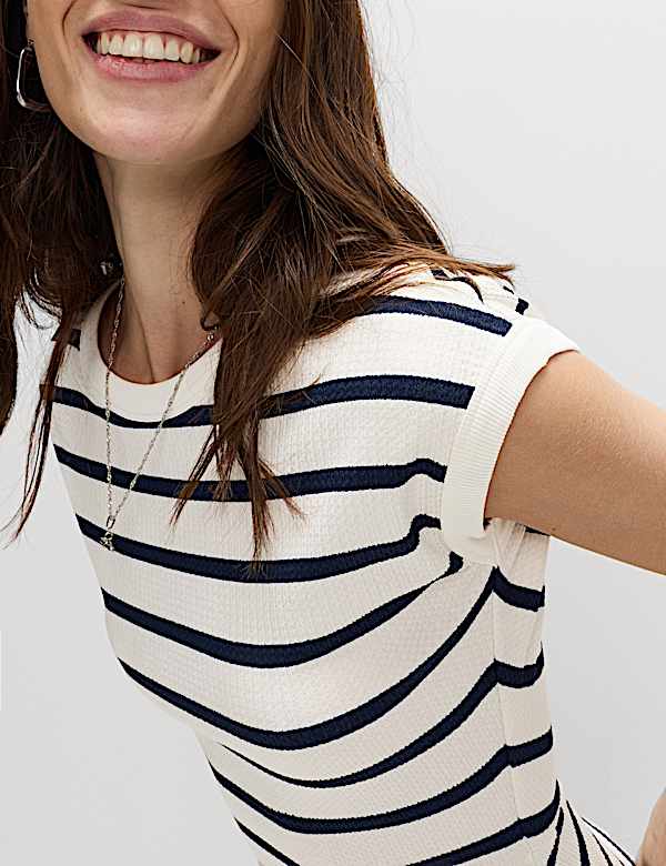 Striped Ribbed Round Neck Mini Skater Dress - NZ