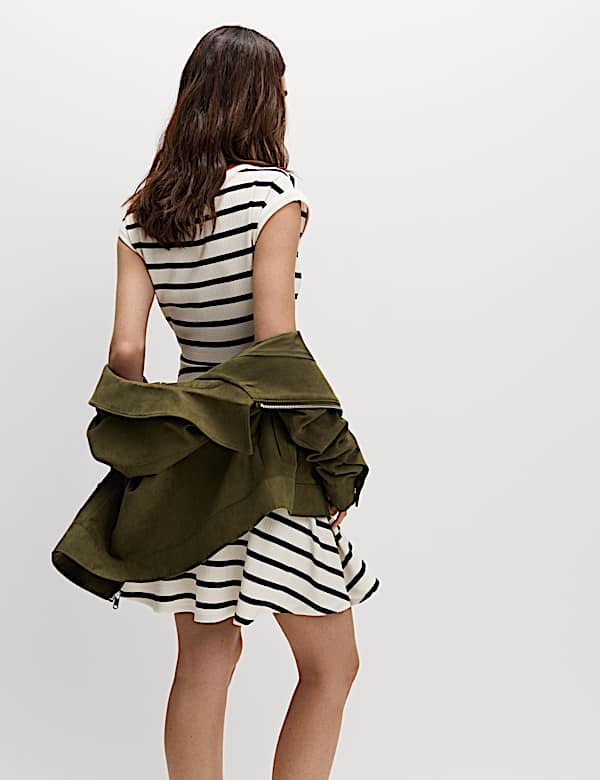 Striped Ribbed Round Neck Mini Skater Dress - NZ