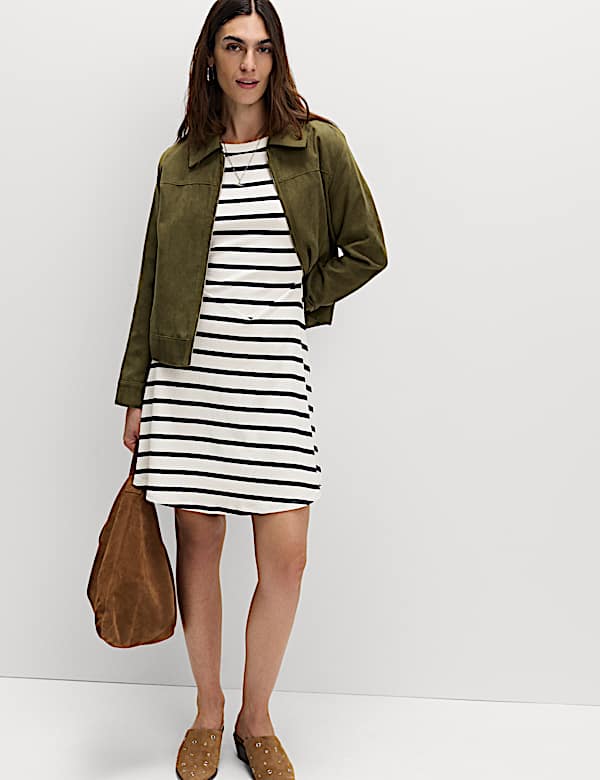 Striped Ribbed Round Neck Mini Skater Dress - NZ