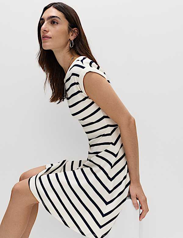 Striped Ribbed Round Neck Mini Skater Dress - NZ