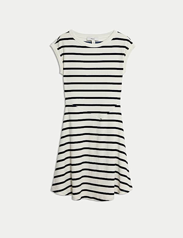 Striped Ribbed Round Neck Mini Skater Dress - NZ