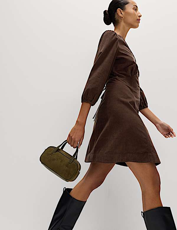 Pure Cotton Corduroy Mini Waisted Tea Dress - CN