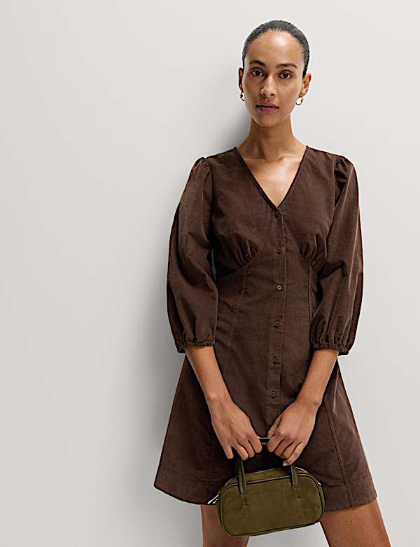 Pure Cotton Corduroy Mini Waisted Tea Dress - CN