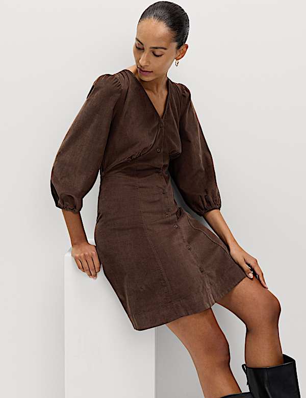 Pure Cotton Corduroy Mini Waisted Tea Dress - CN
