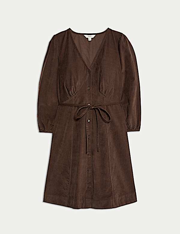 Pure Cotton Corduroy Mini Waisted Tea Dress - CN