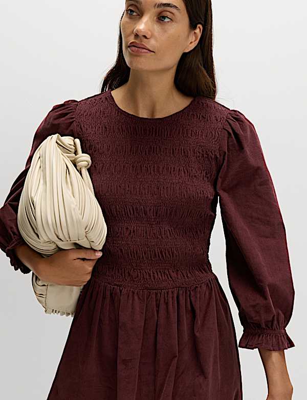 Corduroy Midi Shirred Waisted Dress - GR