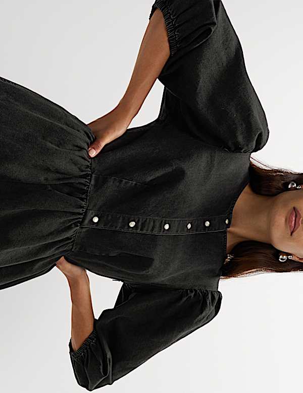 שמלת ג'ינס מיני אסופה במותניים מכותנה טהורה - IL