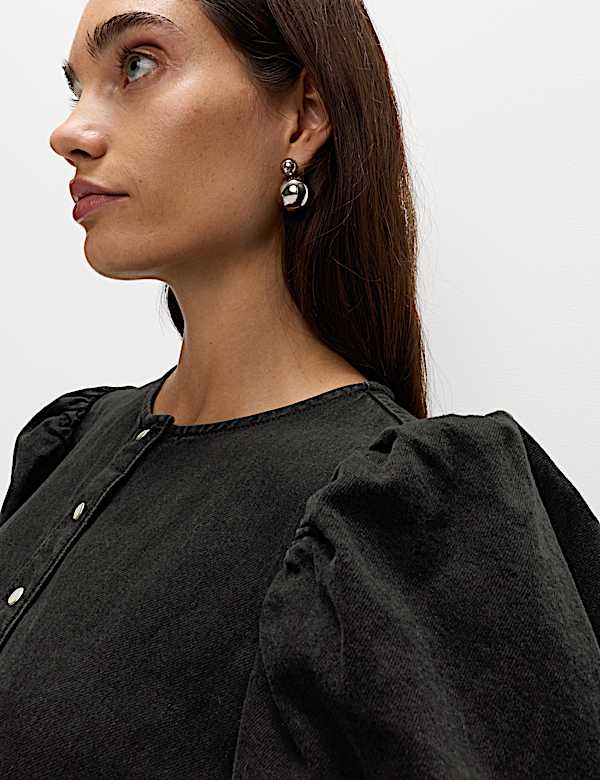 שמלת ג'ינס מיני אסופה במותניים מכותנה טהורה - IL