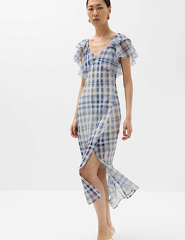 Checked Frill Sleeve Maxi Column Dress - AL