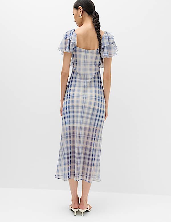 Checked Frill Sleeve Maxi Column Dress - AL