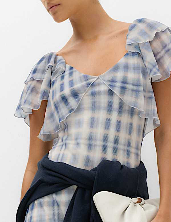 Checked Frill Sleeve Maxi Column Dress - AL