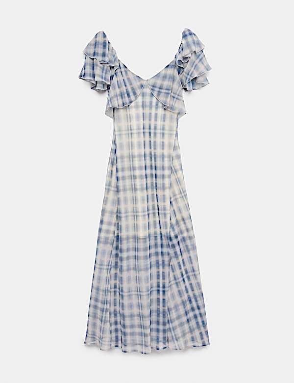 Checked Frill Sleeve Maxi Column Dress - AL