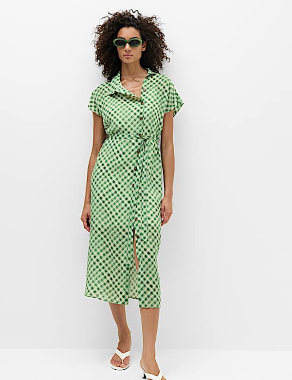 green gingham shirt dress GINGHAM CHECK SHIRT DRESS ZW COLLECTION - Green
