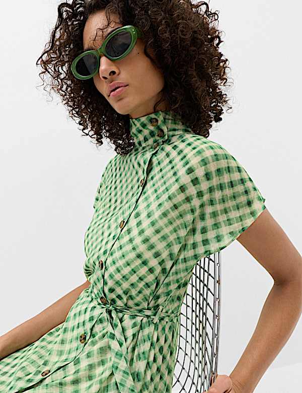 Gingham Funnel Neck Midi Shirt Dress - DK