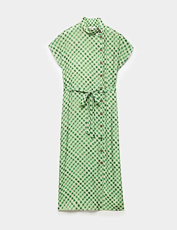 Gingham Funnel Neck Midi Shirt Dress - DK