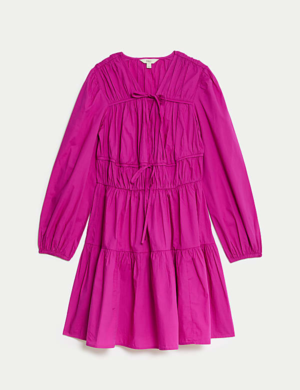 שמלת מיני אסופה במותניים מכותנה טהורה עם צווארון וי - IL