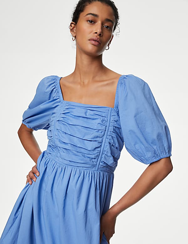 Pure Cotton Square Neck Midi Waisted Dress