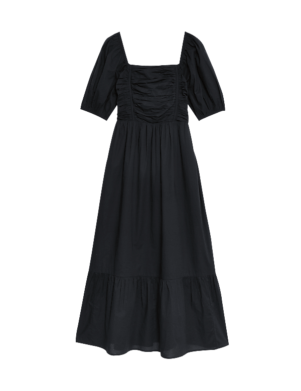 Pure Cotton Square Neck Midi Waisted Dress
